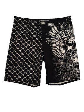 MMA Elite Fighting Shorts Black Skull Wings Cage Design Training Mens XL X-Large